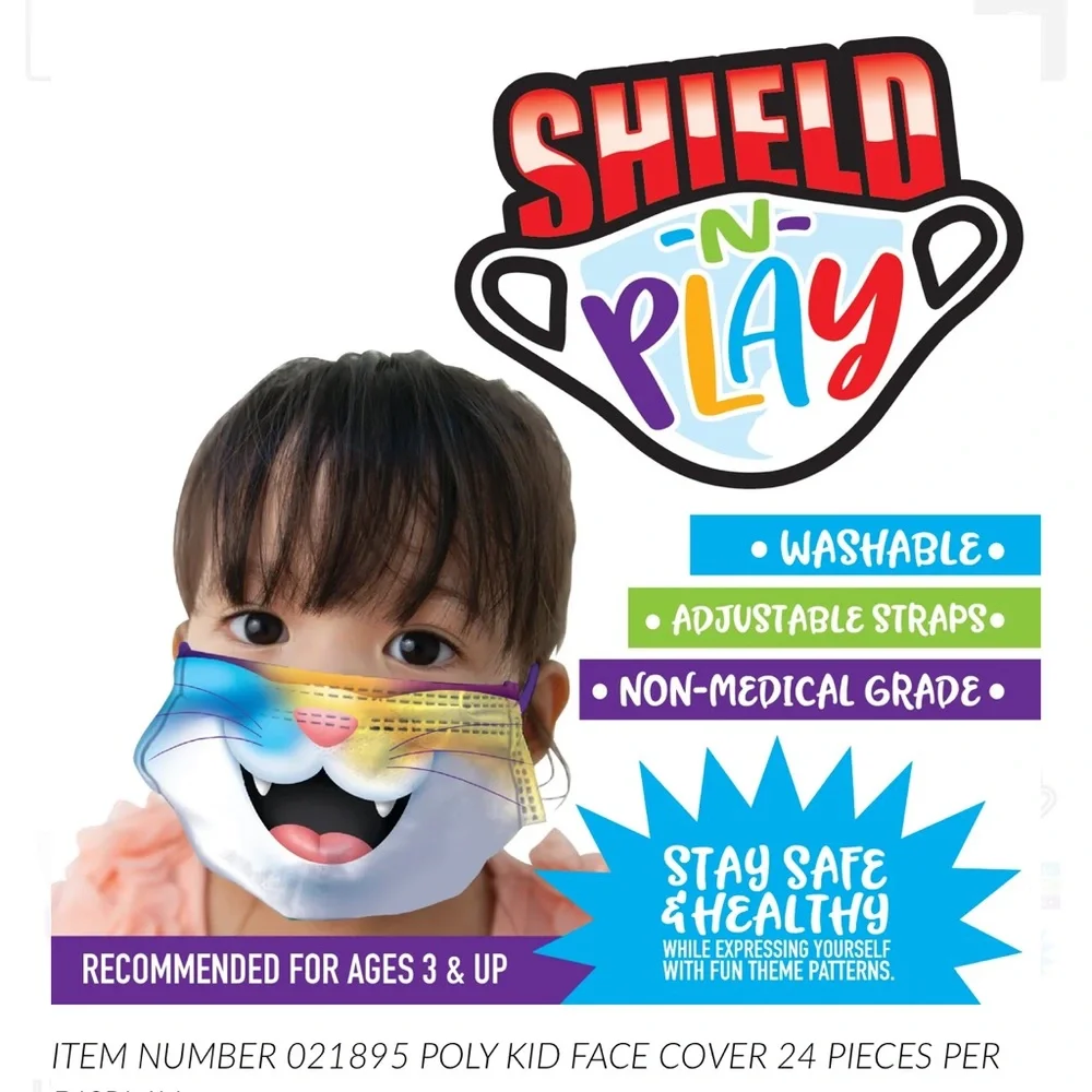 NOVELTY INC POLY KID FACE COVER 24 PIECES PER DISPLAY 21895
